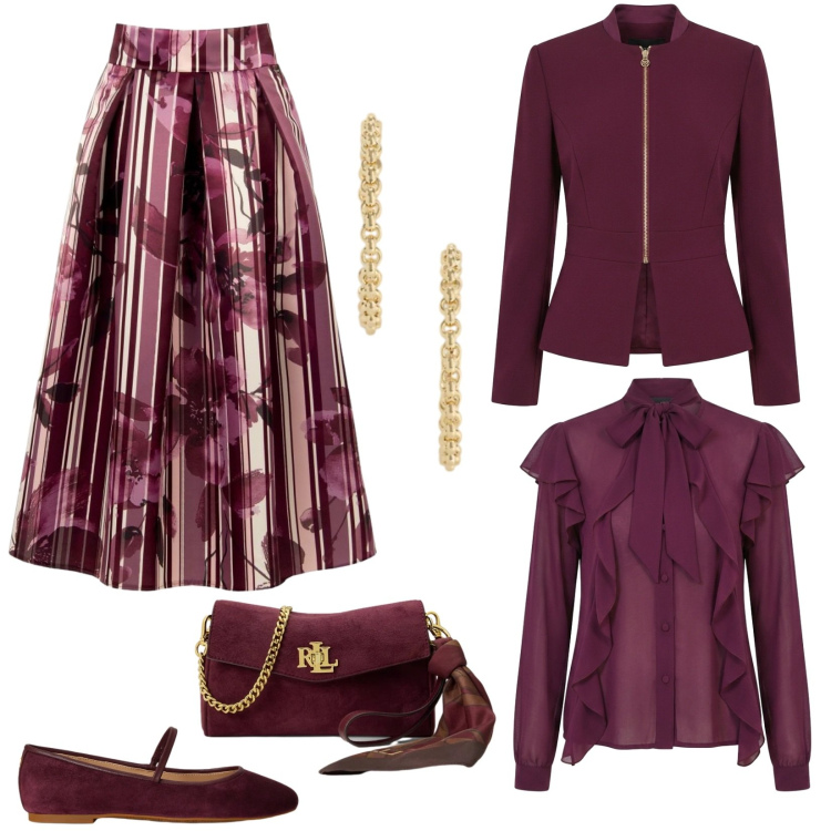 Outfit donna - La bellissima gonna a fantasia floreale. Stile Bon Ton per Cerimonia. Abbinamento con gonne longuette, blazer, bluse, borse a tracolla, ballerine, orecchini.
