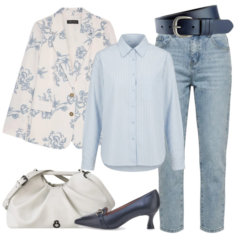 Outfit donna - I jeans e la camicia in popeline. Stile Casual chic per Ufficio. Abbinamento con cinture, blazer, clutch, camicie, jeans mom, décolleté.
