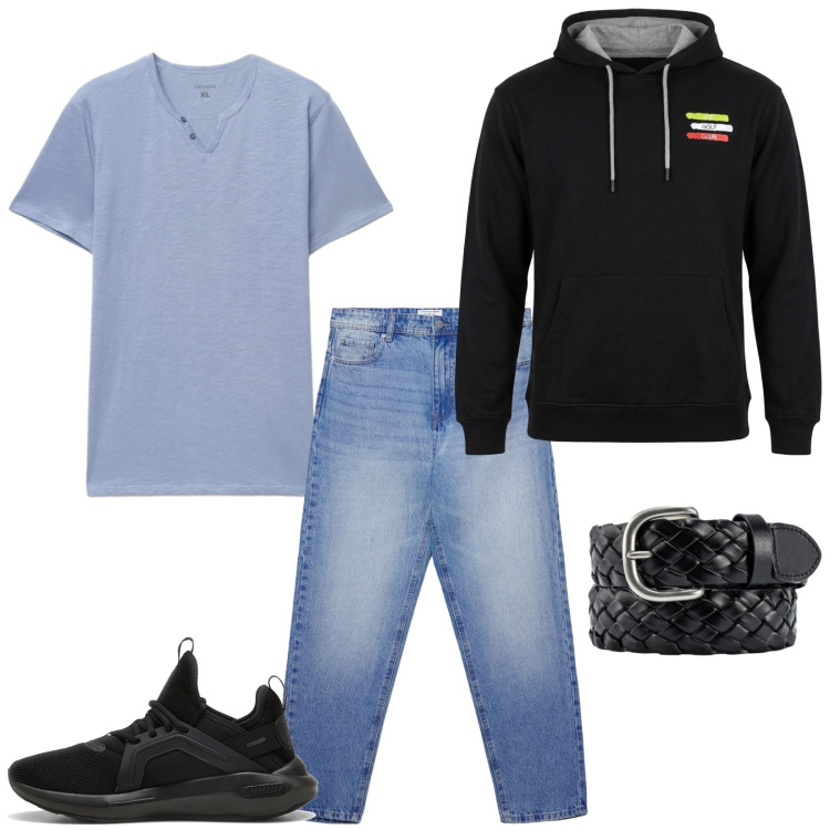 Outfit uomo - Total look #2466551. Stile Casual per Tutti i giorni. Abbinamento con jeans, t-shirt, cinture, felpe con cappuccio, sneakers.