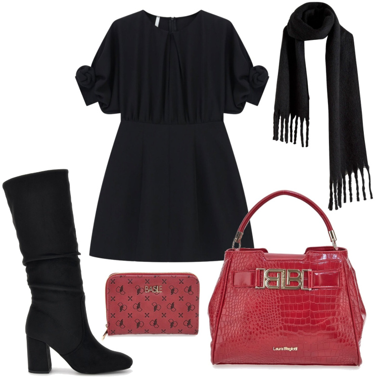 Outfit donna - Giornata glamour. Stile Casual per Tutti i giorni. Abbinamento con sciarpe, vestiti corti, borse a mano, stivali sopra il ginocchio, portafogli.