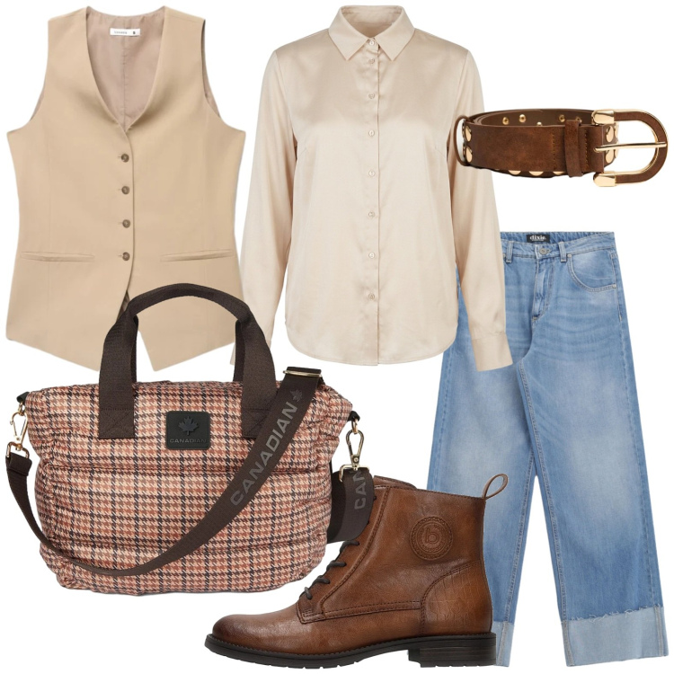 Outfit donna - Denim e colori neutri. Stile Glamour per Tutti i giorni. Abbinamento con jeans, gilet, borse tote, camicie, cinture, anfibi.
