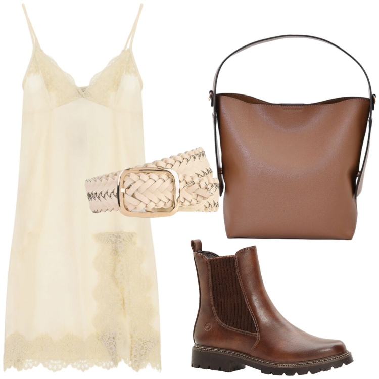 Outfit donna - Avorio a settembre. Stile Chic per Tutti i giorni. Abbinamento con stivaletti, cinture, vestiti corti, borse a mano.