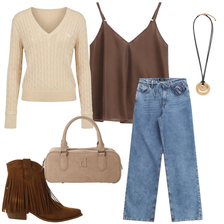 Outfit donna - Total look #2466604. Stile Casual chic per Tutti i giorni. Abbinamento con pullovers, stivaletti texani, jeans, borse a mano, top, ciondoli.