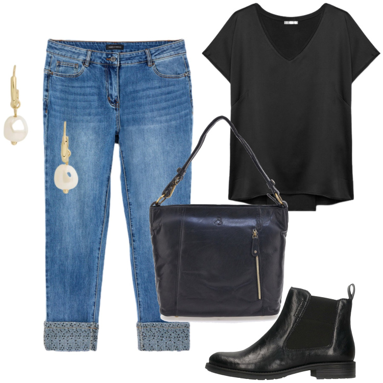 Outfit donna - Total look #2466608. Stile Casual chic per Serata fuori. Abbinamento con t-shirt, jeans skinny, orecchini, borse a spalla, stivaletti.
