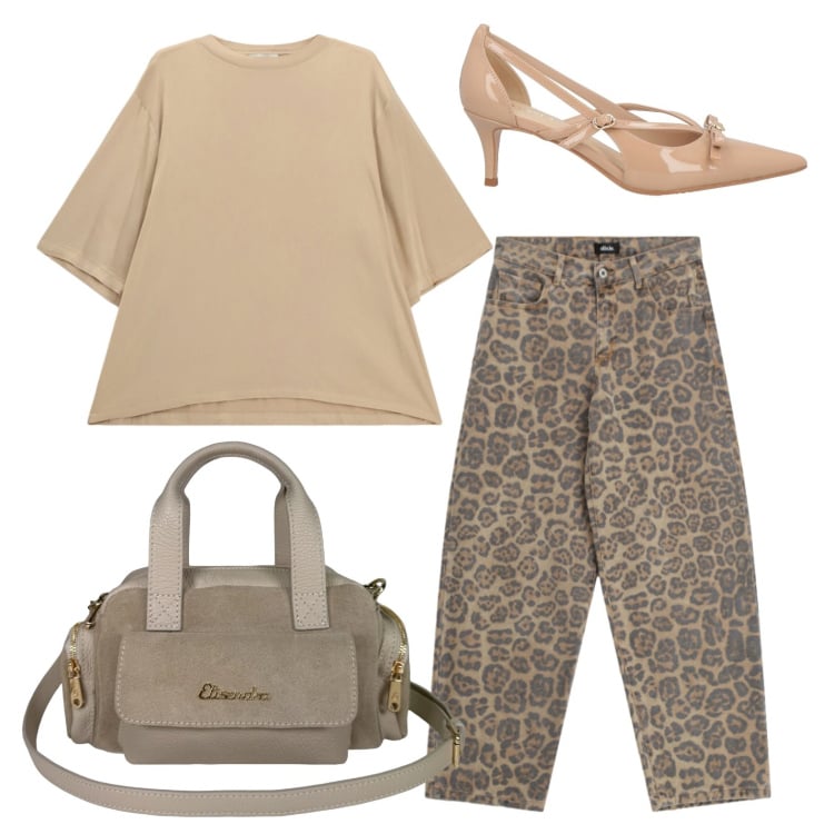 Outfit donna - Pantalone baggy e décolleté lucida. Stile Sporty chic per Ufficio. Abbinamento con décolleté, pantaloni a palazzo, t-shirt, borse a mano.