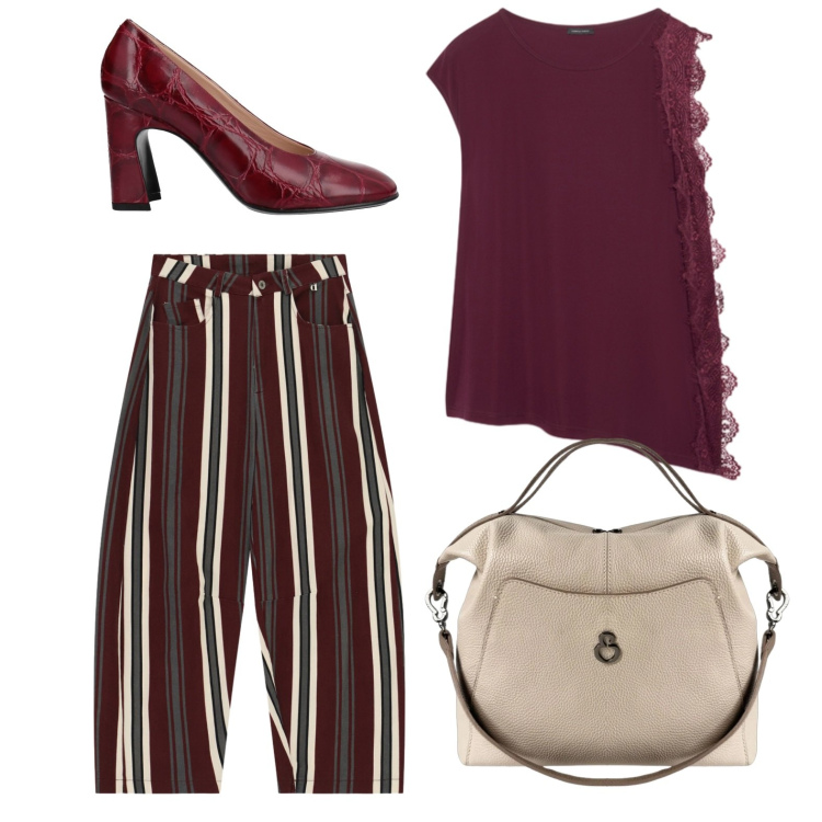 Outfit donna - Di nuovo lunedì. Stile Trendy per Ufficio. Abbinamento con décolleté, pantaloni, top, borse a mano.