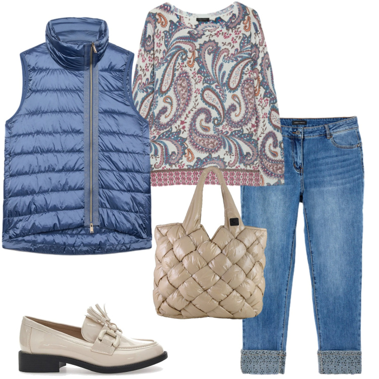 Outfit donna - Fiorella Rubino. Stile Casual chic per Ufficio. Abbinamento con piumini, maglieria, jeans skinny, borse tote, mocassini.