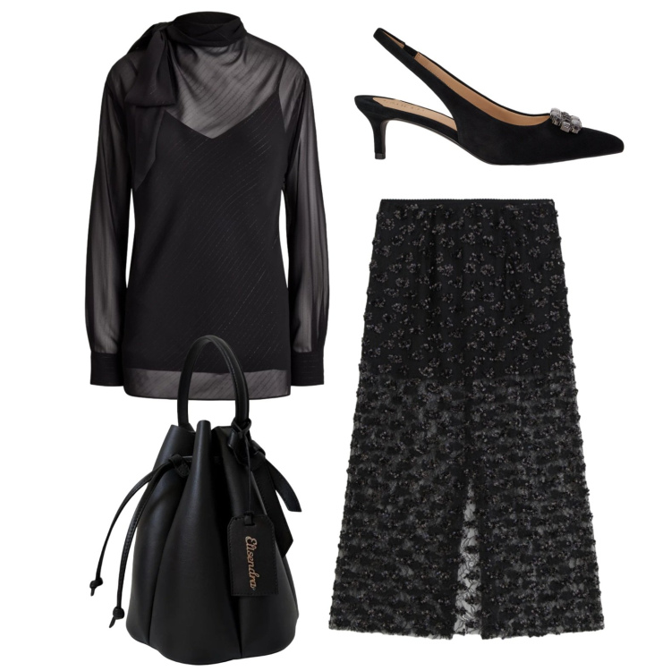 Outfit donna - Black party. Stile Glamour per Serata fuori. Abbinamento con gonne longuette, borse a secchiello, décolleté, bluse.