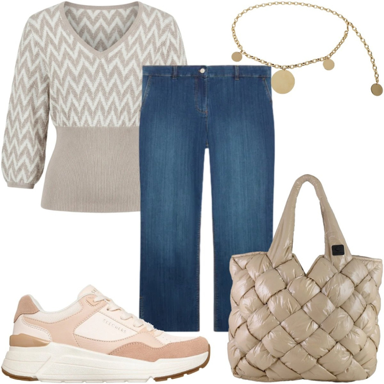 Outfit donna - Denim e colori neutri -beige. Stile Casual per Tutti i giorni. Abbinamento con maglieria, cinture, jeans dritti, borse tote, sneakers.