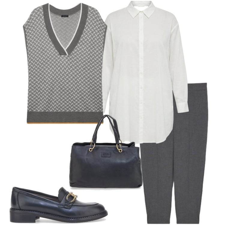 Outfit donna - In ufficio. Stile Casual chic per Ufficio. Abbinamento con camicie, pantaloni, maglieria, mocassini, borse a mano.