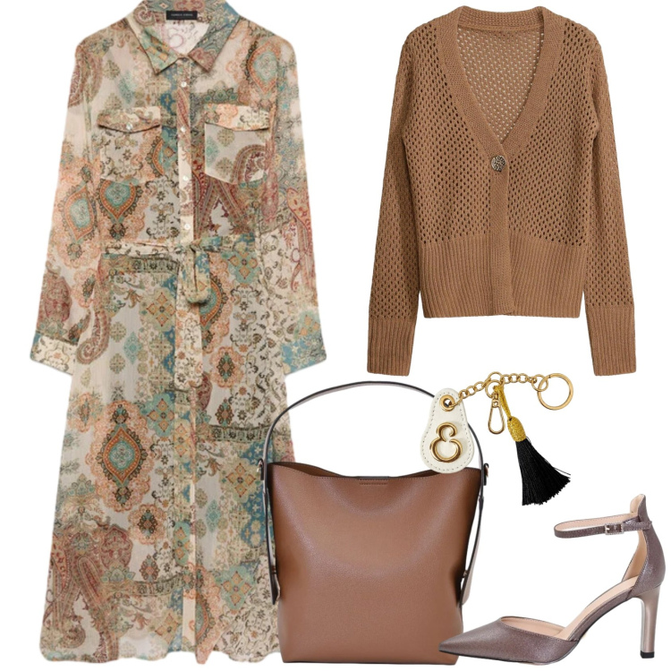 Outfit donna - Chemisier. Stile Casual chic per Ufficio. Abbinamento con cardigans, borse a mano, décolleté, vestiti chemisier, portachiavi.