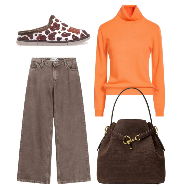 Outfit donna - Cioccolato all\'arancia. Stile Casual chic per Tutti i giorni. Abbinamento con maglieria, jeans dritti, borse a secchiello, pantofole.