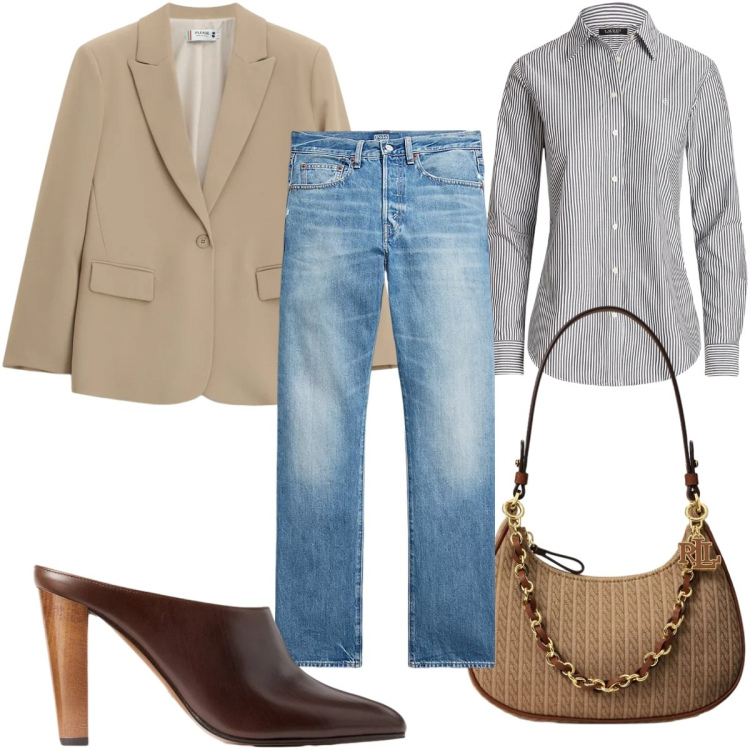 Outfit donna - Denim e colori neutri - al lavoro. Stile Casual per Ufficio. Abbinamento con blazer, jeans dritti, sabot, borse a spalla, camicie.