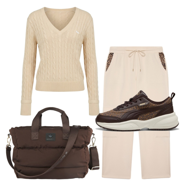 Outfit donna - Passeggiata mattutina. Stile Basic per Tutti i giorni. Abbinamento con pullovers, pantaloni cargo, borse tote, sneakers.
