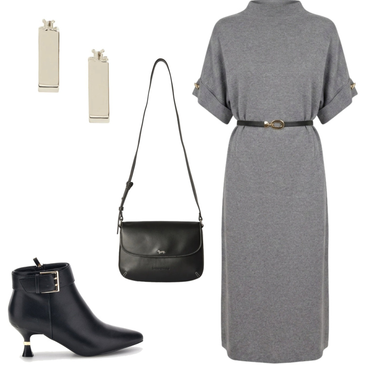Outfit donna - A cena fuori. Stile Casual chic per Serata fuori. Abbinamento con borse a tracolla, vestiti midi/longuette, orecchini, stivaletti.
