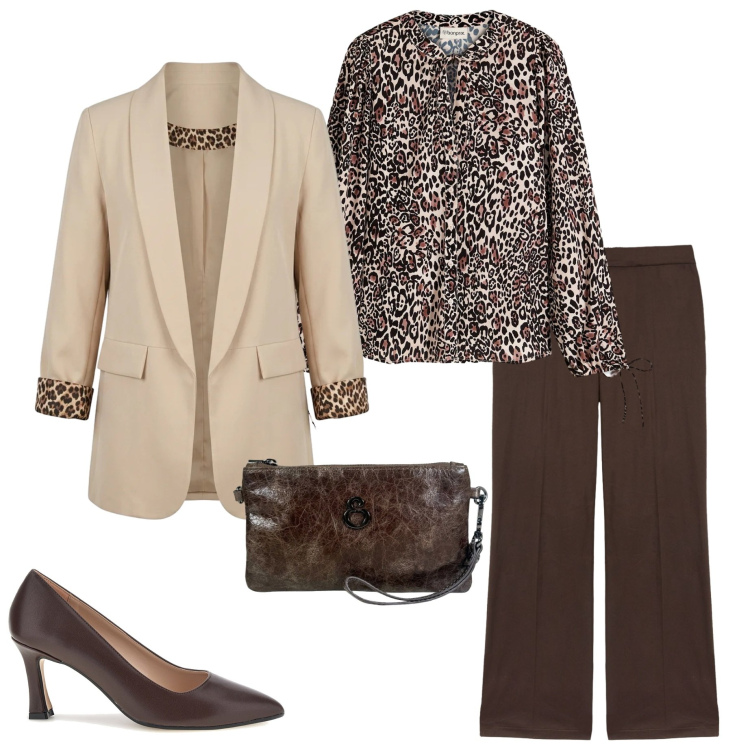 Outfit donna - Settembre. Stile Casual chic per Tutti i giorni. Abbinamento con bluse, pantaloni, pochette, blazer, décolleté.