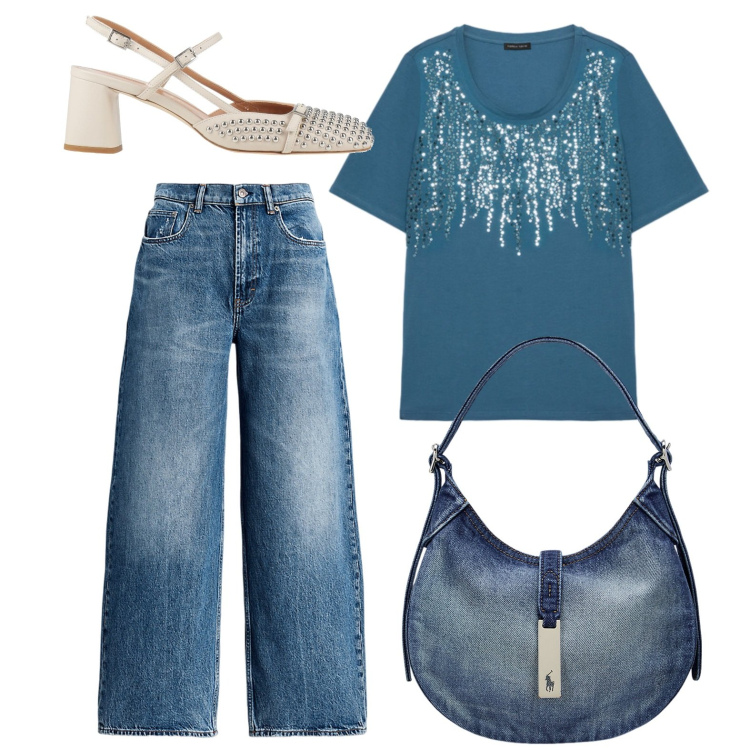 Outfit donna - Jeans e slingback. Stile Basic per Ufficio. Abbinamento con décolleté, t-shirt, jeans, borse a spalla.
