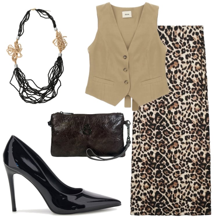 Outfit donna - Safari Chic in Città. Stile Etnico per Serata fuori. Abbinamento con collane, gilet, gonne lunghe, maglieria, pochette, décolleté.