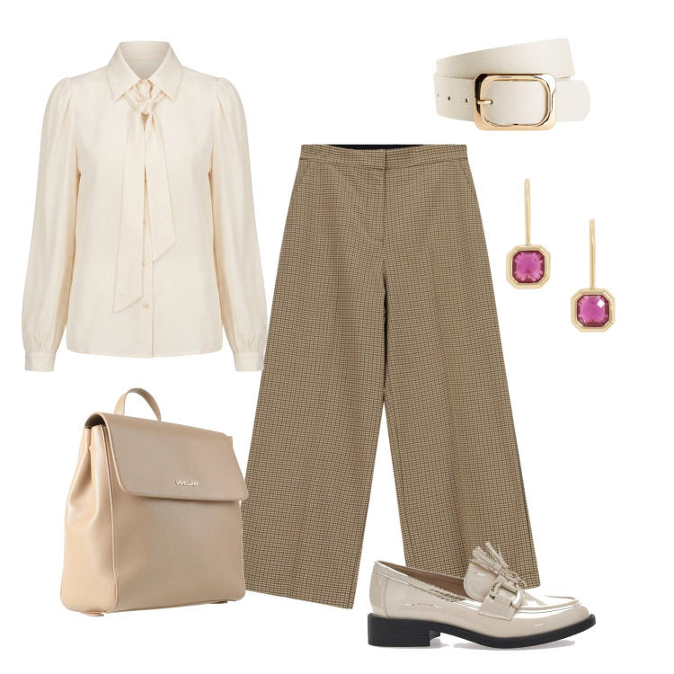 Outfit donna - Ufficio glamour. Stile Glamour per Ufficio. Abbinamento con zaini, cinture, pantaloni a palazzo, camicie, orecchini, mocassini.