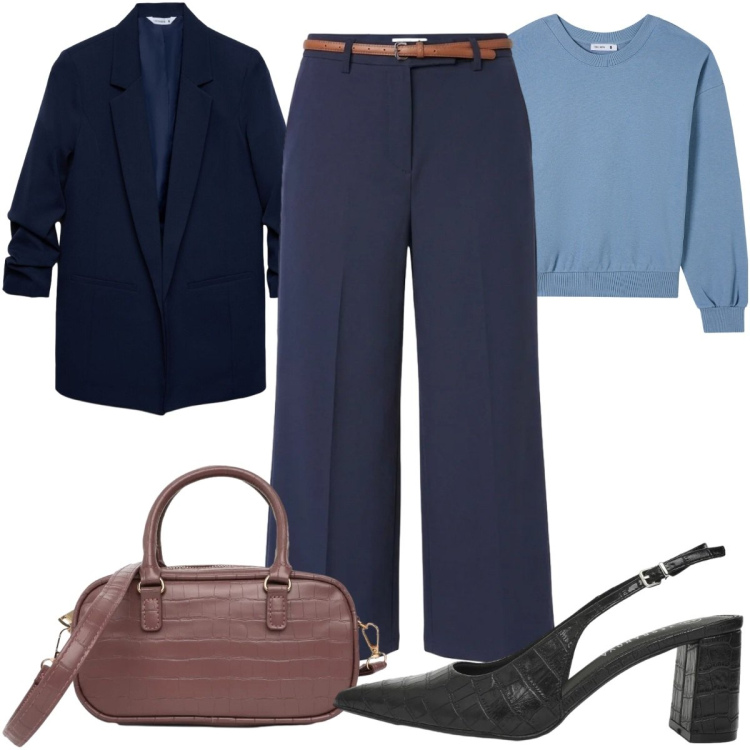 Outfit donna - Reality is calling : in blu. Stile Casual per Tutti i giorni. Abbinamento con felpe, décolleté, blazer, pantaloni, borse a tracolla.