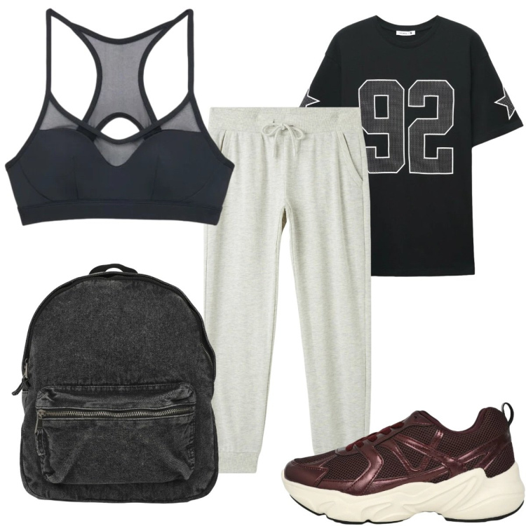 Outfit donna - Reality is calling: in palestra. Stile Basic per Sport. Abbinamento con pantaloni, t-shirt, zaini, sneakers, top sportivi.