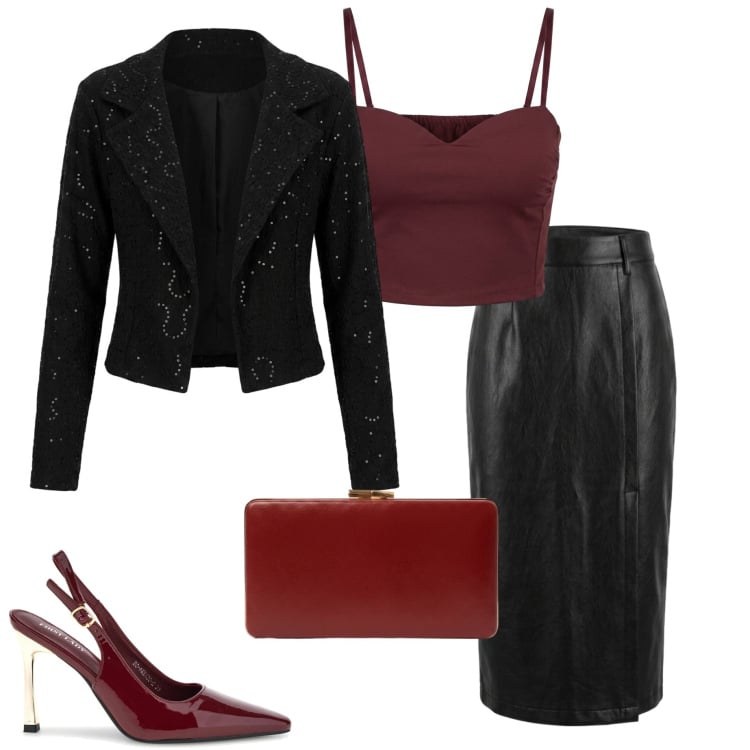 Outfit donna - Nuna lie. Stile Chic per Serata fuori. Abbinamento con blazer, gonne longuette, top, pochette, décolleté.
