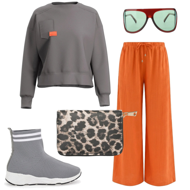 Outfit donna - Per le vie del centro. Stile Casual per Tutti i giorni. Abbinamento con occhiali da sole, portafogli, pantaloni a palazzo, sneakers, felpe.