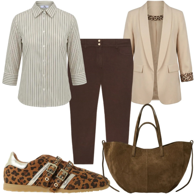 Outfit donna - Fall Collections : animalier. Stile Casual per Tutti i giorni. Abbinamento con sneakers, camicie, pantaloni skinny, borse tote, blazer.