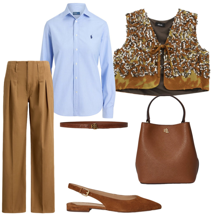 Outfit donna - Sì riparte. Stile Urban per Ufficio. Abbinamento con gilet, borse a secchiello, ballerine, cinture, pantaloni, camicie.