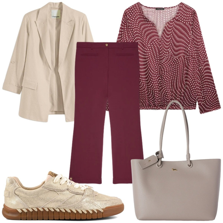Outfit donna - Fall Collections : bordeaux. Stile Casual per Tutti i giorni. Abbinamento con blazer, shopping bag, pantaloni, bluse, sneakers.