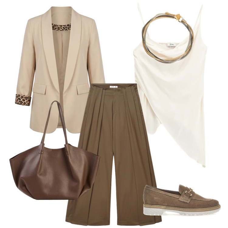 Outfit donna - Total look #2466645. Stile Casual chic per Ufficio. Abbinamento con shopping bag, top, pantaloni a palazzo, collane, blazer, mocassini.