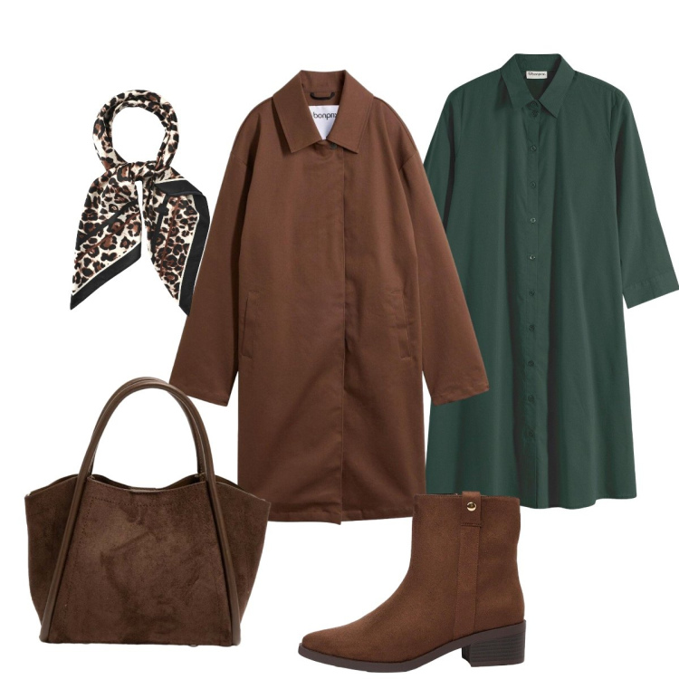 Outfit donna - Outfit curvy autunno. Stile Minimal per Tutti i giorni. Abbinamento con vestiti chemisier, trench, stivaletti, foulard, borse a spalla.