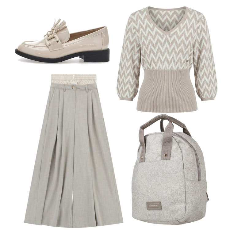 Outfit donna - Trasferta di lavoro. Stile Casual chic per Ufficio. Abbinamento con zaini, maglieria, pantaloni a palazzo, mocassini.