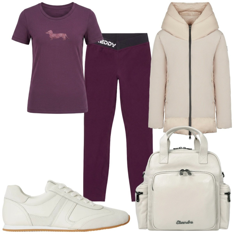 Outfit donna - Fall Collections viola prugna. Stile Basic per Sport. Abbinamento con t-shirt, leggings, zaini, piumini, sneakers.