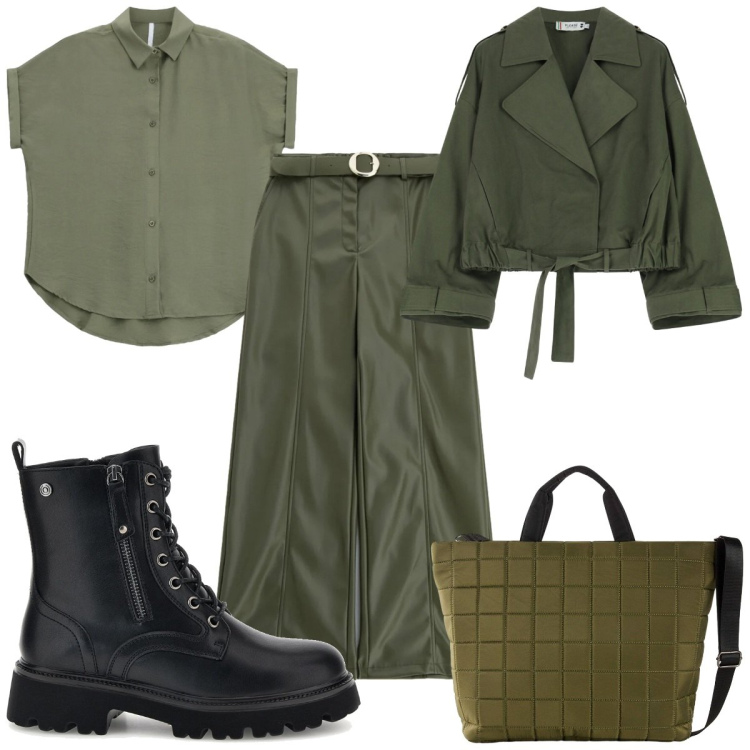 Outfit donna - Fall Collections : autunno military. Stile Military per Tutti i giorni. Abbinamento con shopping bag, pantaloni, camicie a manica corta, parka, anfibi.