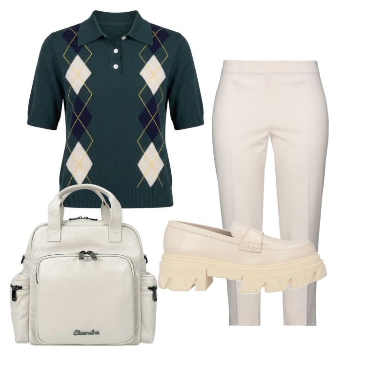Outfit donna - Total look #2466651. Stile Preppy per Ufficio. Abbinamento con pantaloni, mocassini, maglieria, zaini.