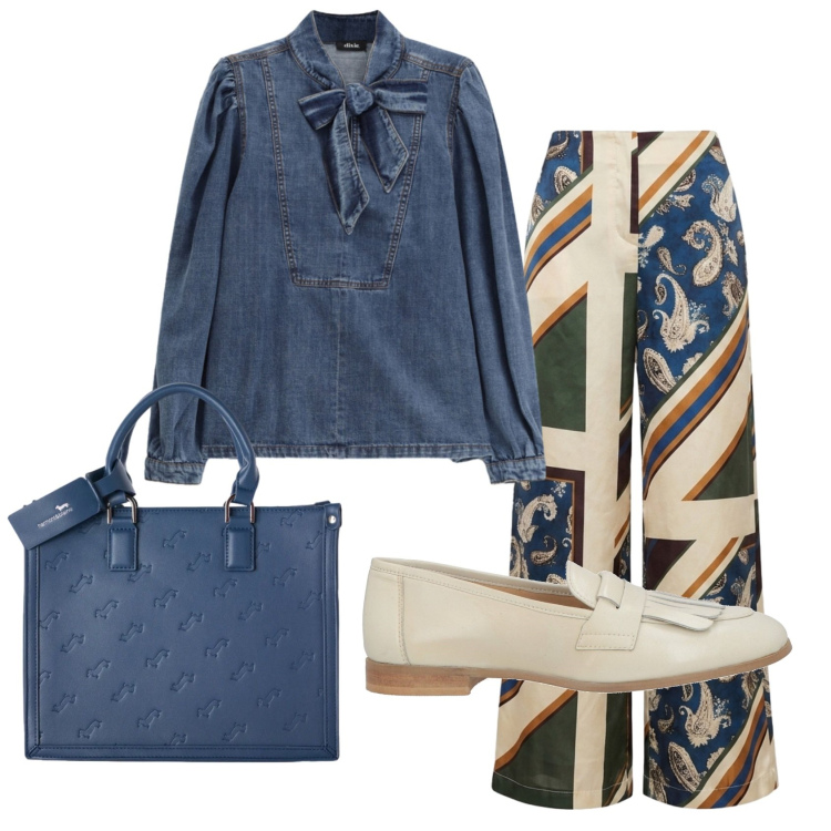 Outfit donna - Total look #2466652. Stile 70s per Ufficio. Abbinamento con mocassini, borse a mano, pantaloni a palazzo, camicie.