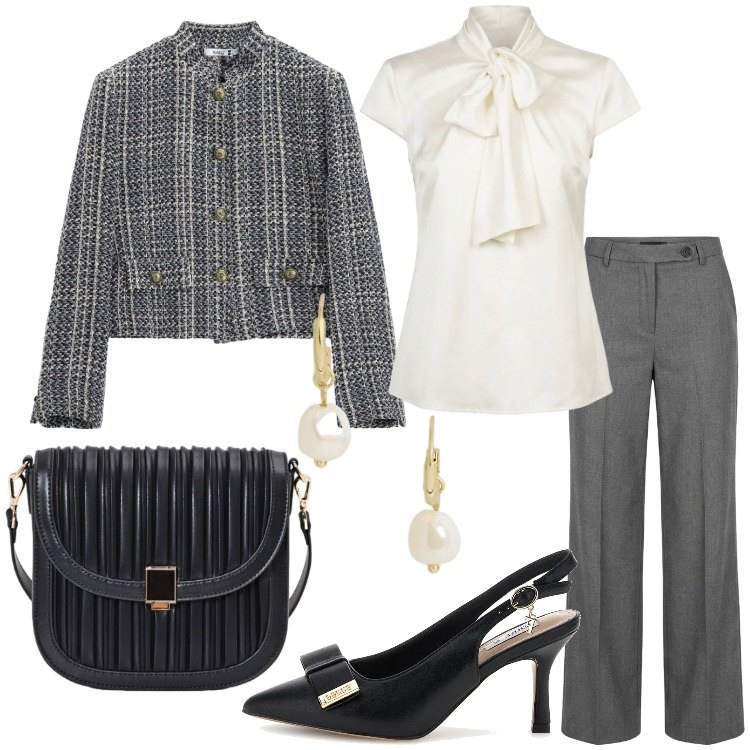 Outfit donna - Fall Collections. Stile Bon Ton per Cerimonia. Abbinamento con borse a tracolla, cappotti, camicie, pantaloni a palazzo, orecchini, décolleté.