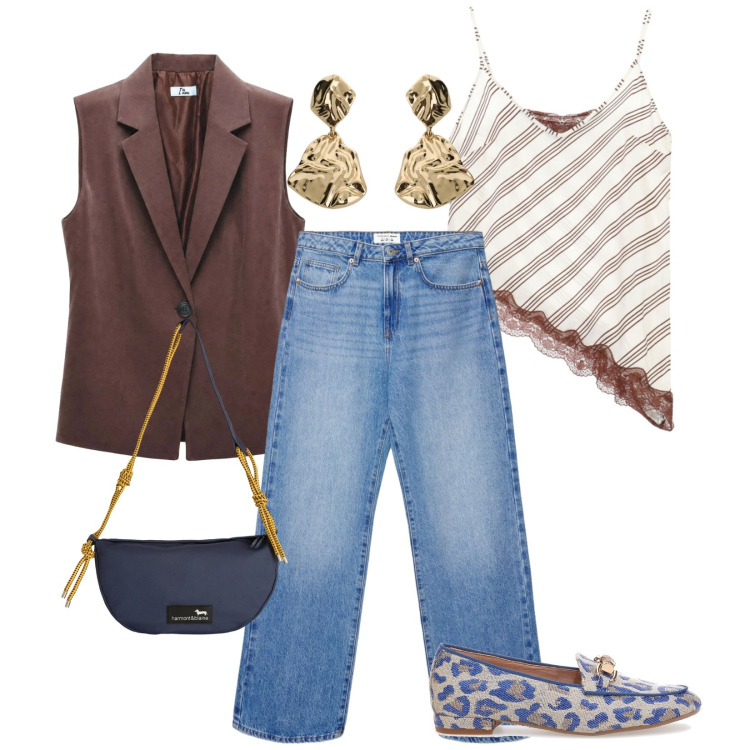 Outfit donna - Cappuccino e denim. Stile Glamour per Tutti i giorni. Abbinamento con borse a tracolla, orecchini, jeans dritti, gilet, top, mocassini.