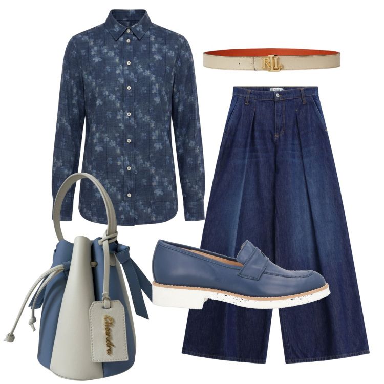 Outfit donna - Total look #2466655. Stile 70s per Ufficio. Abbinamento con mocassini, camicie, jeans, borse a secchiello, cinture.