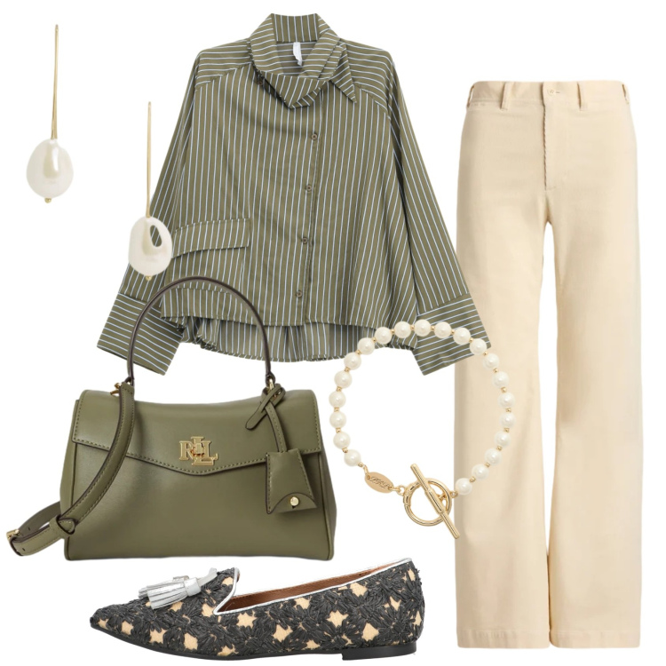 Outfit donna - Total look #2466656. Stile Chic per Ufficio. Abbinamento con mocassini, camicie, orecchini, borse a mano, braccialetti, pantaloni.