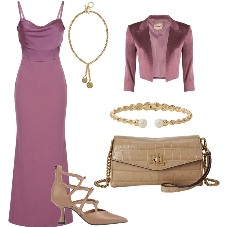 Outfit donna - Matrimonio a settembre. Stile Chic per Cerimonia. Abbinamento con décolleté, vestiti lunghi, bolero, portafogli, ciondoli, braccialetti.