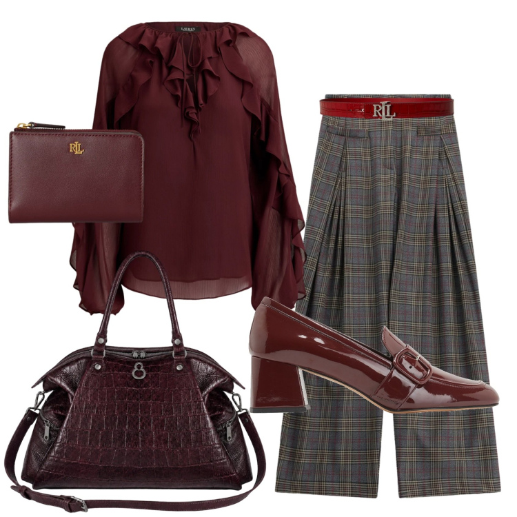 Outfit donna - Total look #2466659. Stile Preppy per Ufficio. Abbinamento con mocassini, pantaloni a palazzo, shopping bag, bluse, portafogli, cinture.