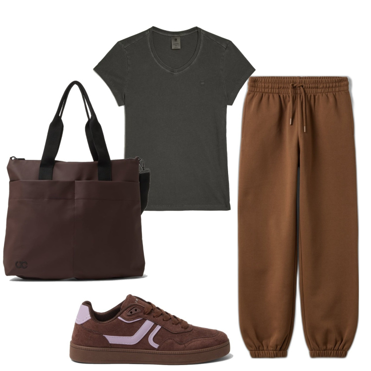 Outfit mujer - Deportes. Estilo Casual para Deporte. Combinación con pantalones, bolsos de mano, camiseta, sneakers.