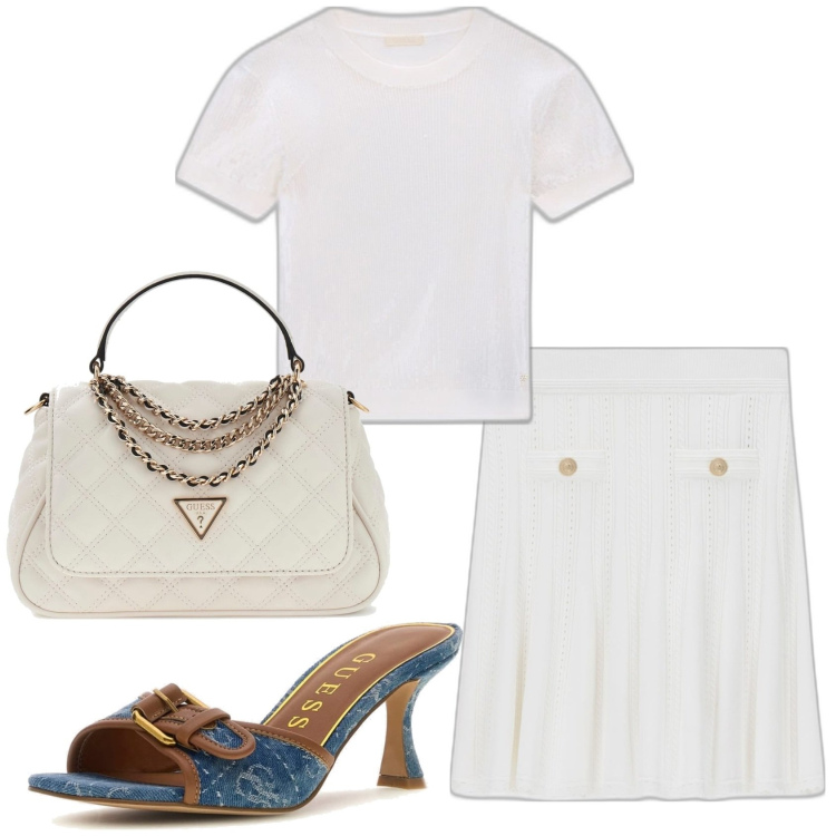 Outfit mujer - Glamour. Estilo Glamour para Todos los días. Combinación con minifaldas, sandalias de piel, bolsos de mano, prendas de punto.