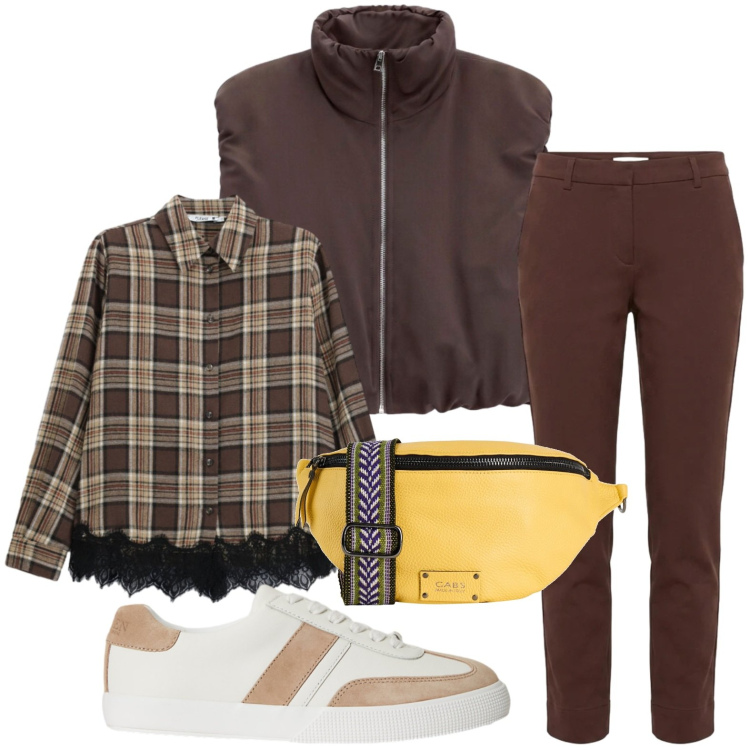 Outfit donna - Quadri e pizzo. Stile Glamour per Tutti i giorni. Abbinamento con marsupi, pantaloni, gilet, camicie, sneakers.
