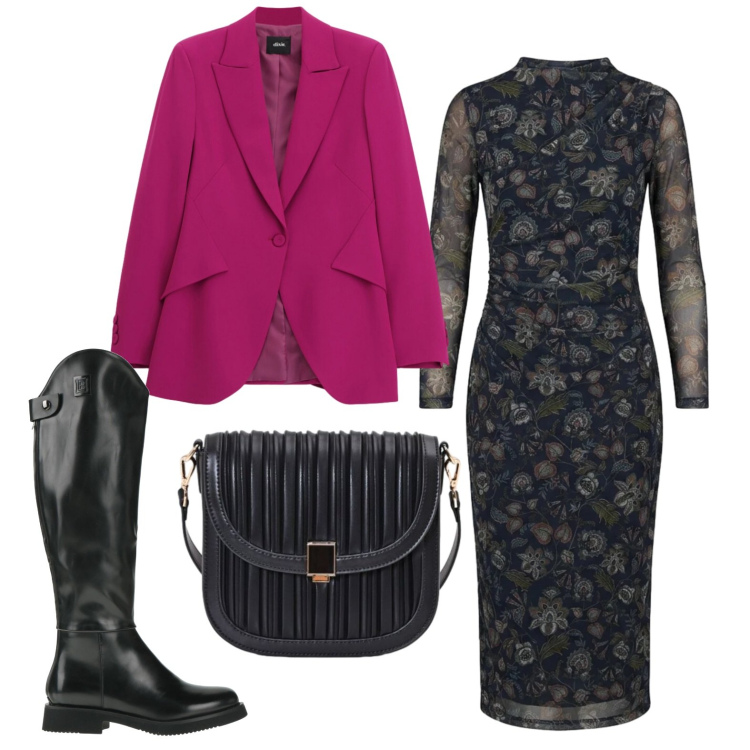 Outfit donna - Venerdì con il blazer colorato. Stile Urban per Ufficio. Abbinamento con stivali, blazer, borse a tracolla, vestiti midi/longuette.