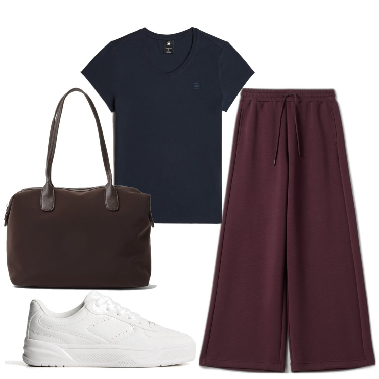 Outfit mujer - Basic look. Estilo Basic para Todos los días. Combinación con sneakers, top, bolsos de mano, pantalones.