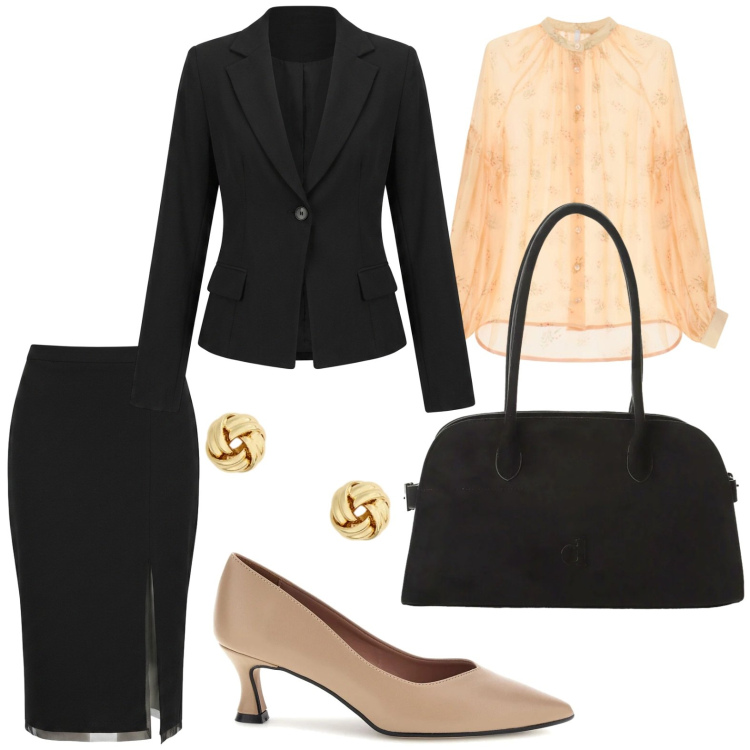 Outfit donna - Work fashion. Stile Casual per Tutti i giorni. Abbinamento con camicie, borse a spalla, gonne longuette, blazer, orecchini, décolleté.