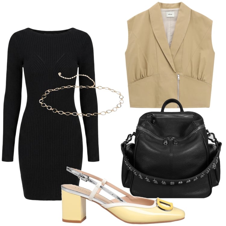 Outfit donna - Perfetta al lavoro. Stile Casual per Ufficio. Abbinamento con décolleté, cinture, gilet, vestiti a tubino, zaini.